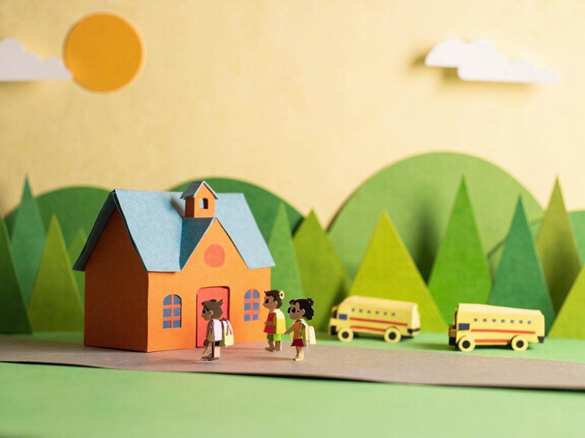 Escena de papel: un colegio con niños llegando y furgones escolares estacionados