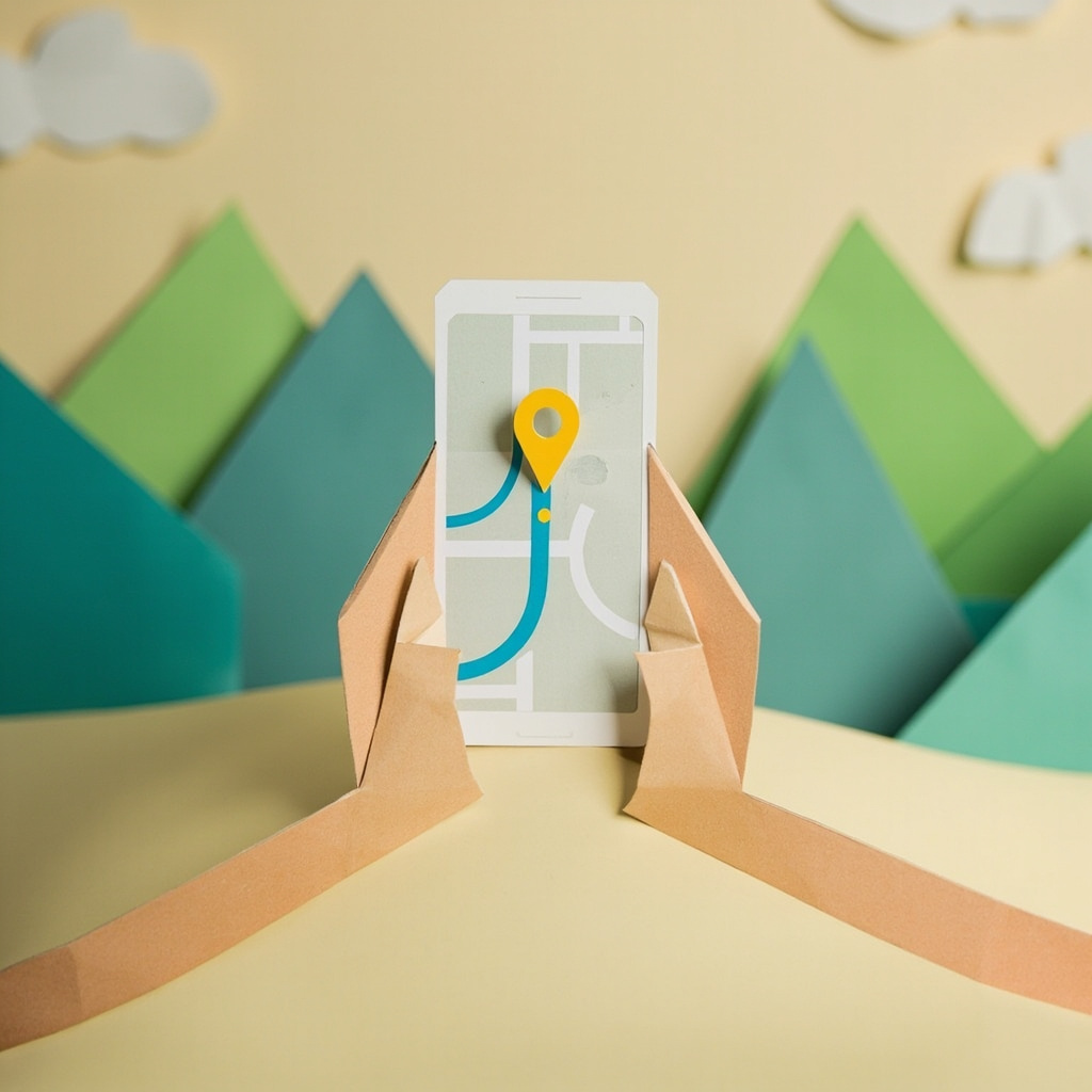 Manos de papel sosteniendo un teléfono con el mapa del viaje escolar