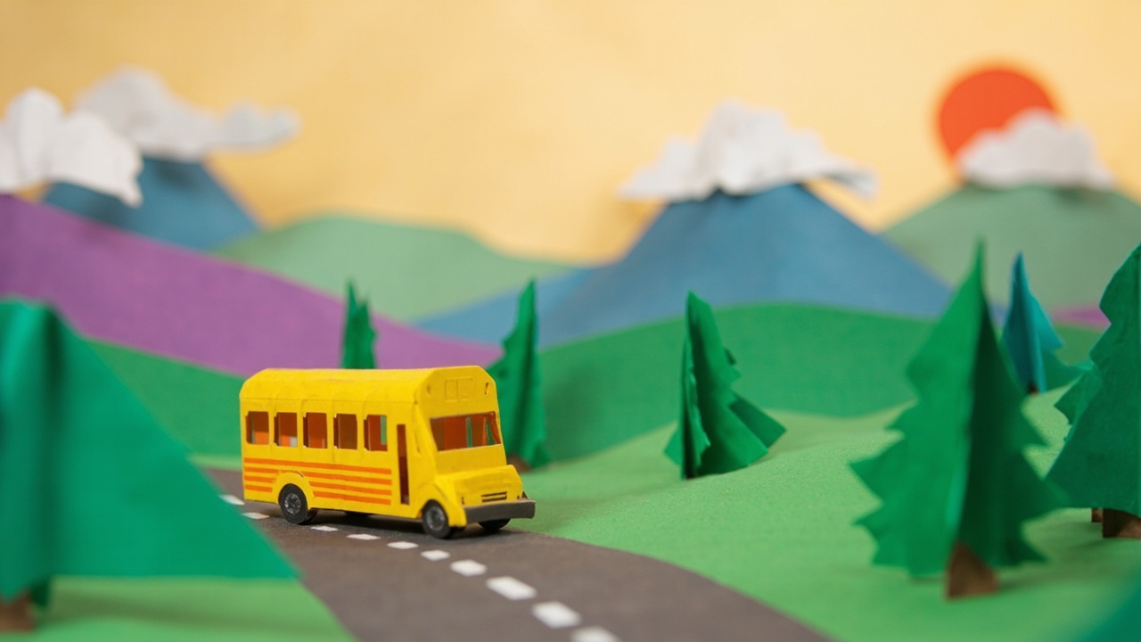 Escena de papel recortado: un furgón escolar amarillo recorre un camino entre montañas de papel coloridas