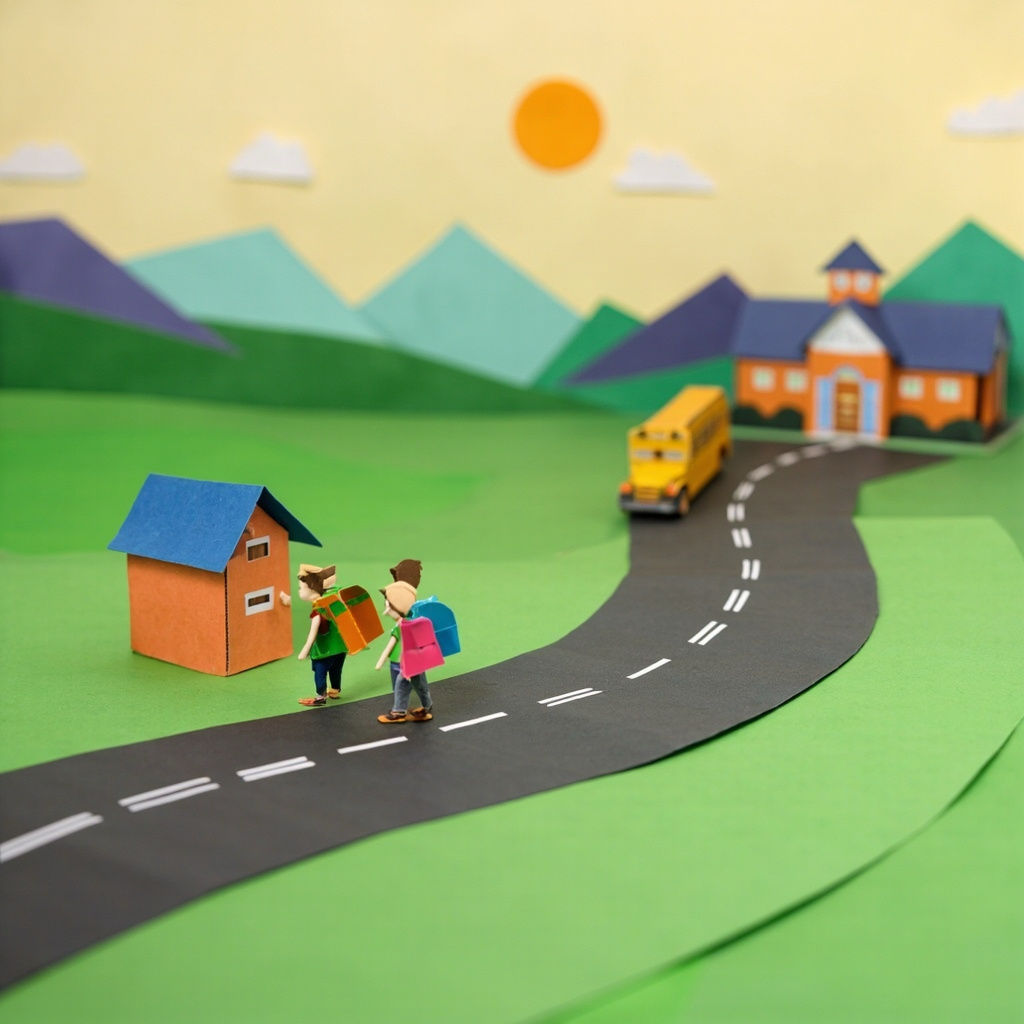 Escena de papel: un furgón escolar parte desde una casita recorriendo el camino hacia el colegio